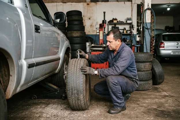 Mecânico examinando pneus de um carro em Umuarama.
