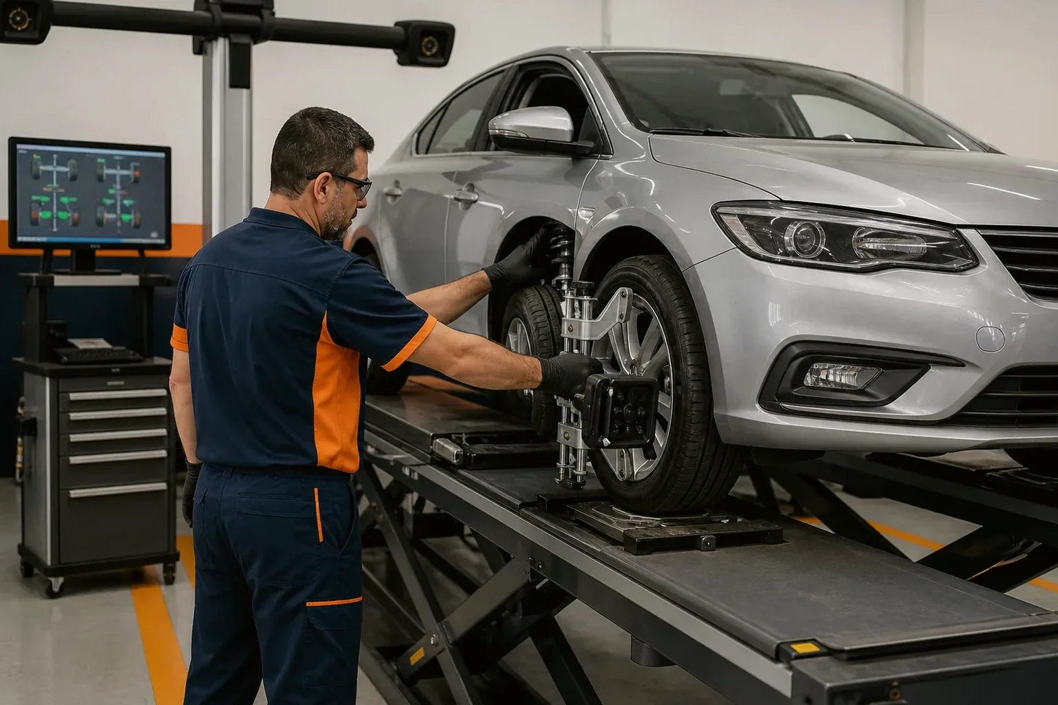 Profissional alinhando rodas de um carro em Umuarama.
