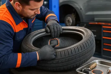Profissional de borracharia consertando um pneu em Umuarama.