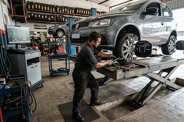 Profissional realizando alinhamento de rodas de um carro em Umuarama.